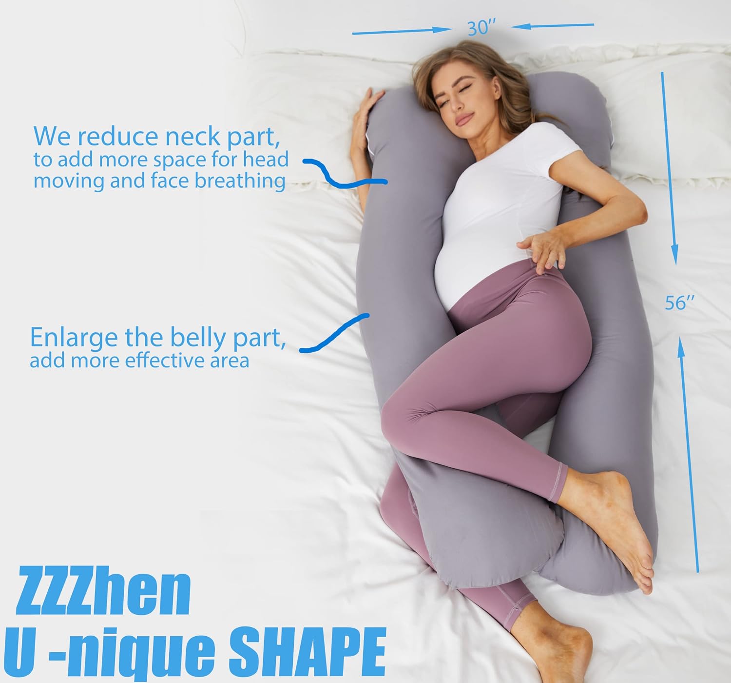 ZZZhen Pregnancy Pillow for Sleeping, U Shaped Maternity Pillow - 56 Inch with Grey Microfiber Removable Cover, Multi- Use and Support Back, Hips, Legs, Belly for Pregnant Women Sleeping