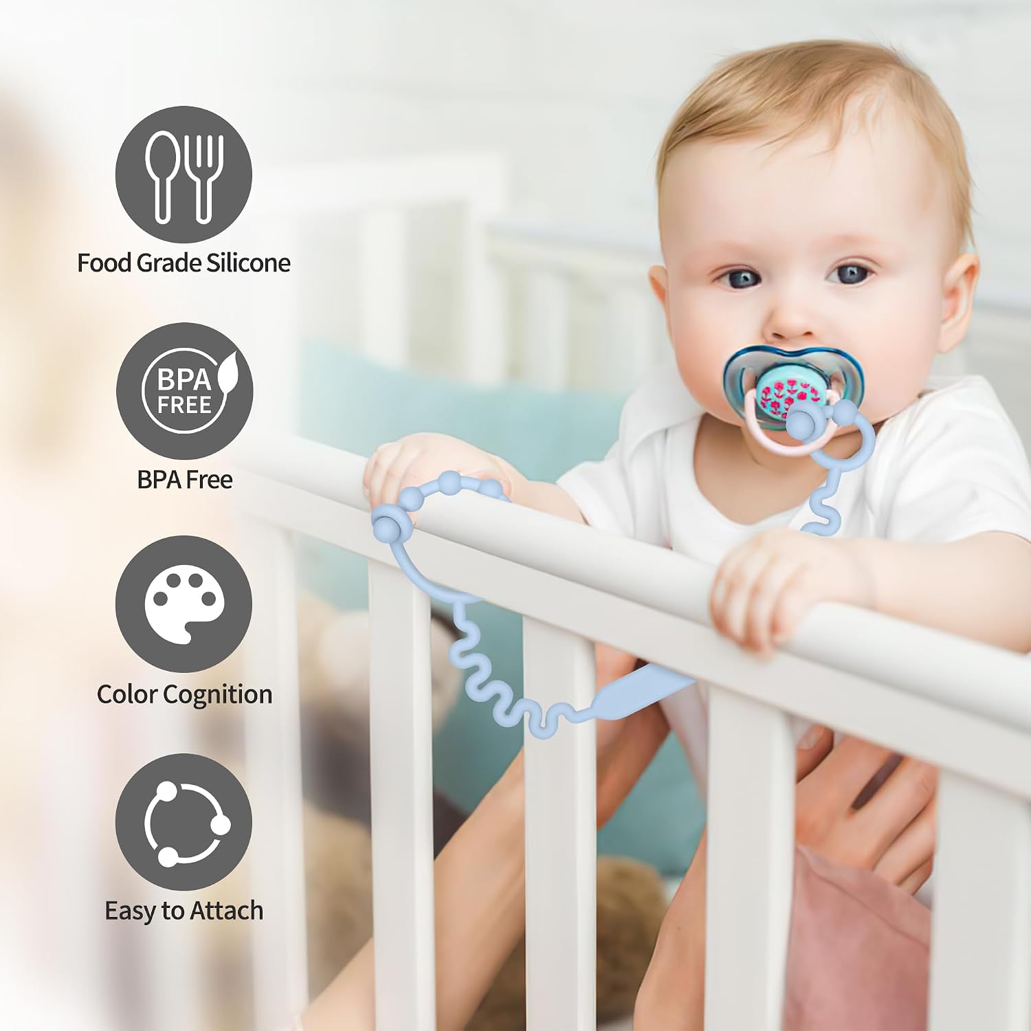 Toy Straps, Pacifier Holder Clip with Self-Adjusting Bayonet, Pure Silicone Material Without BPA; Can Be Used for Teethers, Feeding Bottles, Toys, High Chairs(Blue-3ps)
