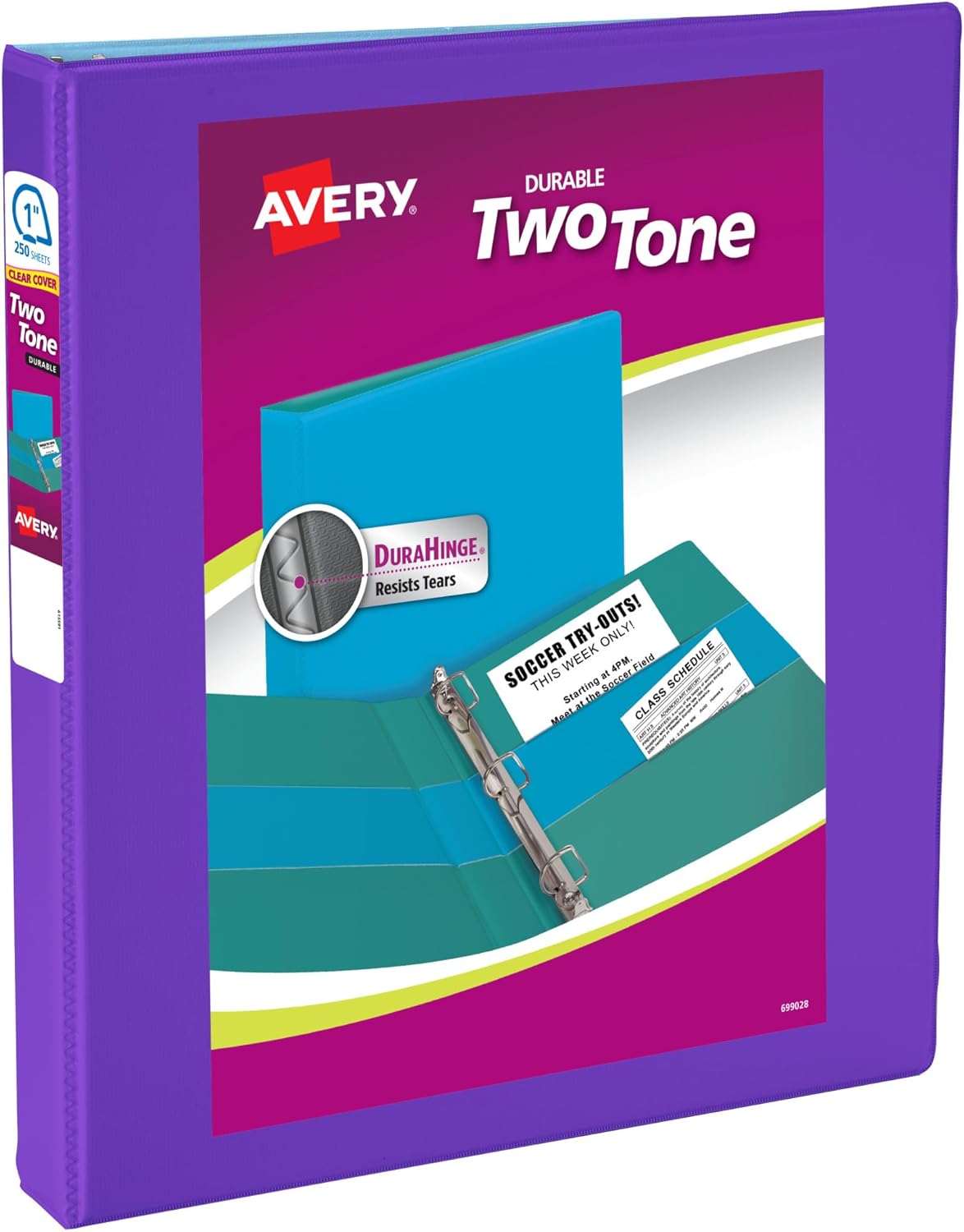 Avery® Two-Tone 3 Ring Binder, 1" Slant Rings, 1 Violet/Blue Binder