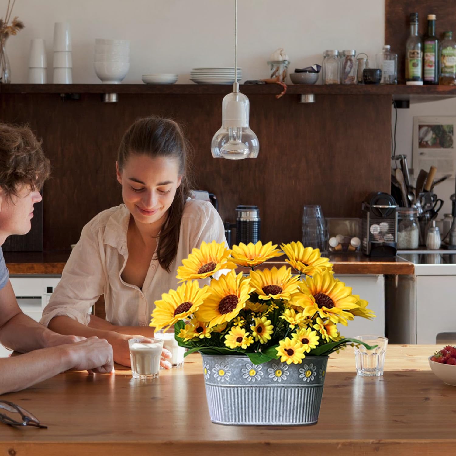 Artificial Flowers Fake Sunflowers in Pot, Faux Silk Flowers Floral Table Centerpiece Decoration, Rustic Potted Greenery for Farmhouse Home Décor