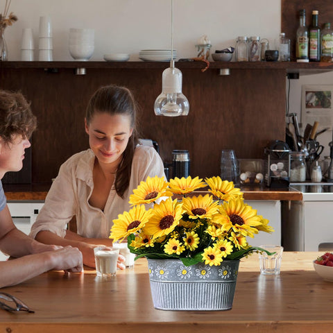 Artificial Flowers Fake Sunflowers in Pot, Faux Silk Flowers Floral Table Centerpiece Decoration, Rustic Potted Greenery for Farmhouse Home Décor