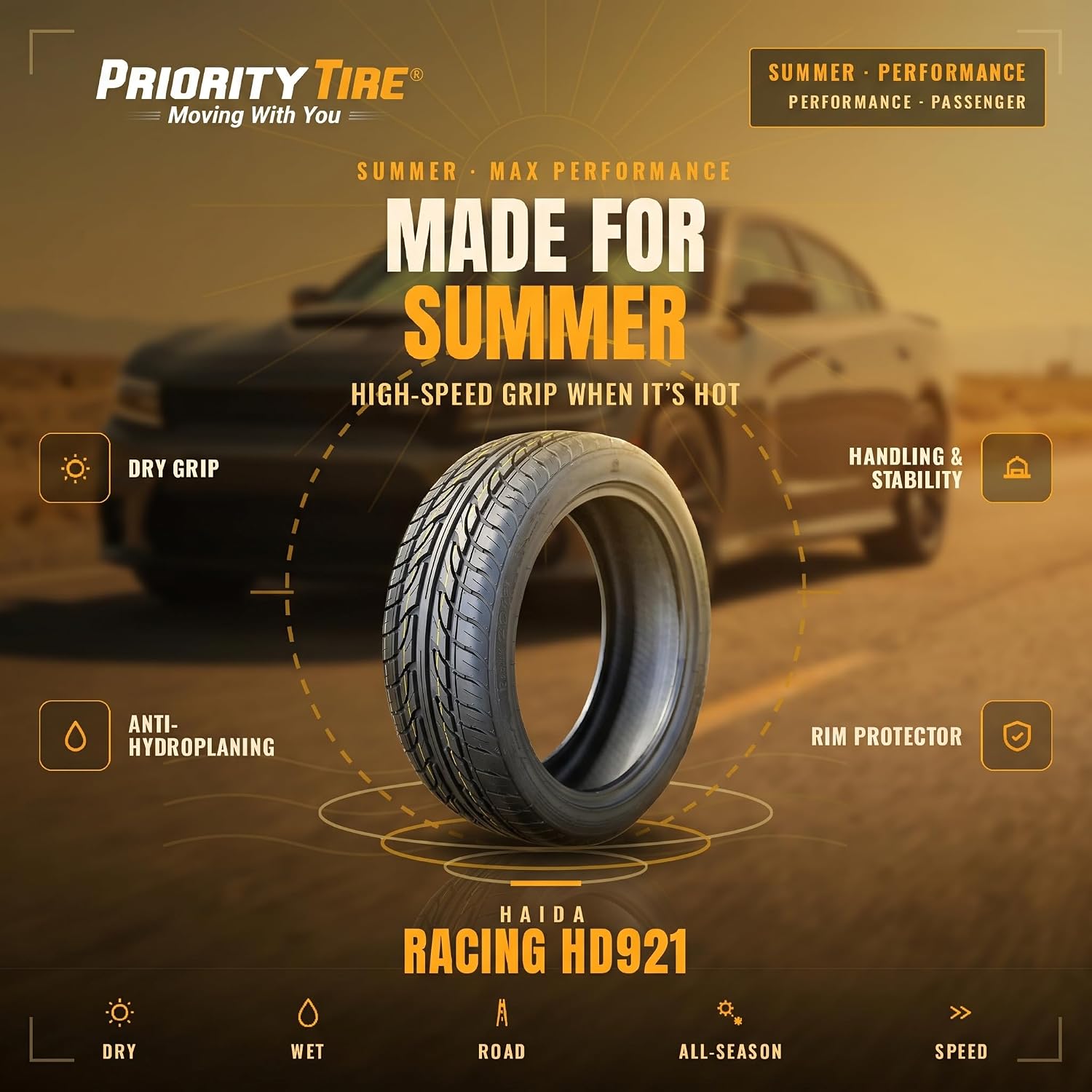 Haida Racing HD921 Summer Passenger Car Performance Radial Tire-185/55R14 185/55/14 185/55-14 80V Load Range SL 4-Ply BSW Black Side Wall UTQG 400AA