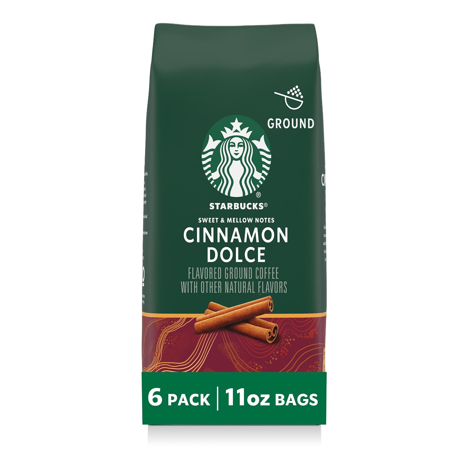 Starbucks Ground Coffee, Flavored Hot or Iced Coffee, Cinnamon Dolce, Six 11 oz Bags​ | 100% Arabica ground coffee; natural cinnamon dolce flavor; 6 bags, 11 oz each (66 oz total)
