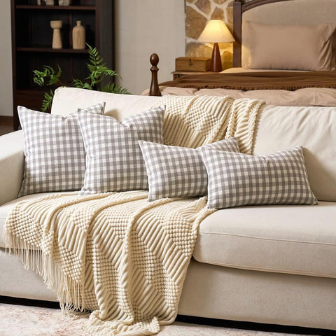 Vintage Light Grey Throw Pillows Gray Gingham Plaid Pillow Covers 16x16