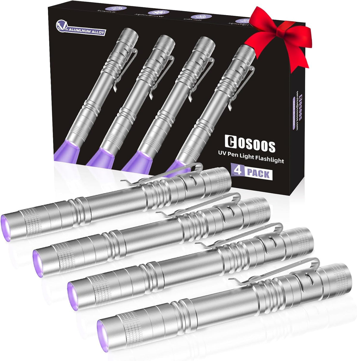COSOOS UV Black Light Flashlights, 4 Pack 395nm Mini Pen Lights with Clip, Waterproof Ultraviolet Flashlights for AC Leak, Pet Urine, Scorpion, Hotel Inspection, Dry Stain and Bed Bug(Silver)