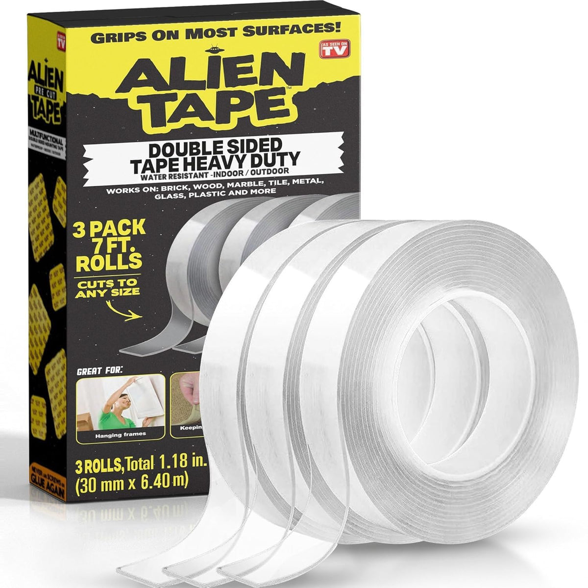 ALIEN TAPE Nano Double Sided Tape, 21-ft Multipurpose Removable Adhesive Transparent, Grip Mounting Washable Strong Sticky Heavy Duty for Carpet Photo Frame Poster Décor - As Seen On TV