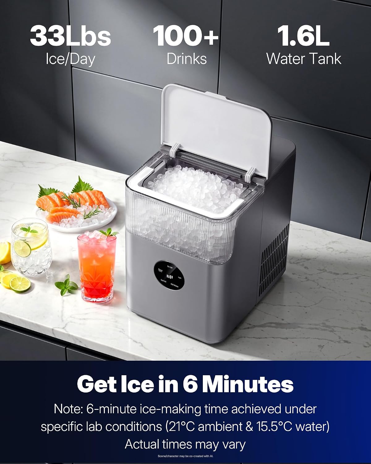 Upstreman Nugget Ice Maker Countertop, 33lbs/24H, Touchscreen Ice Machine with Self-Cleanin Function, Portable Ice Makers for Home Kitchen Office Camping RV-NI33