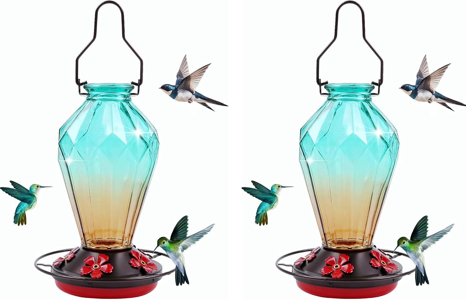 2 Pack Glass Hummingbird Feeder for Outdoors Hanging, 25Oz Humming Bird Nectar Feeder, Perch, 5 Flower Feeding Ports, Leak Proof Base, Hook for Outside Garden Backyard, Diamond Green