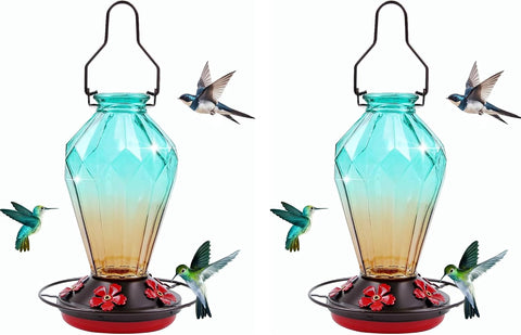 2 Pack Glass Hummingbird Feeder for Outdoors Hanging, 25Oz Humming Bird Nectar Feeder, Perch, 5 Flower Feeding Ports, Leak Proof Base, Hook for Outside Garden Backyard, Diamond Green