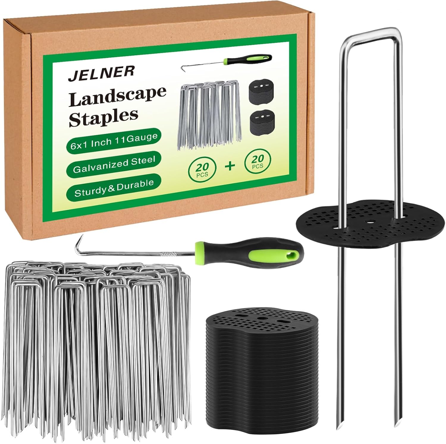 JELNER Garden Stakes,6 Inch 11 Gauge 20pcs Galvanized Landscape Staples + 20pcs Gaskets + 1Pick Hook, Tent Stakes Landscaping Fabric SOD Pins for Weed Fabric Barrier,Groud Cover,Fence