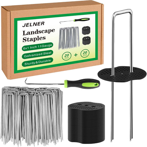 JELNER Garden Stakes,6 Inch 11 Gauge 20pcs Galvanized Landscape Staples + 20pcs Gaskets + 1Pick Hook, Tent Stakes Landscaping Fabric SOD Pins for Weed Fabric Barrier,Groud Cover,Fence