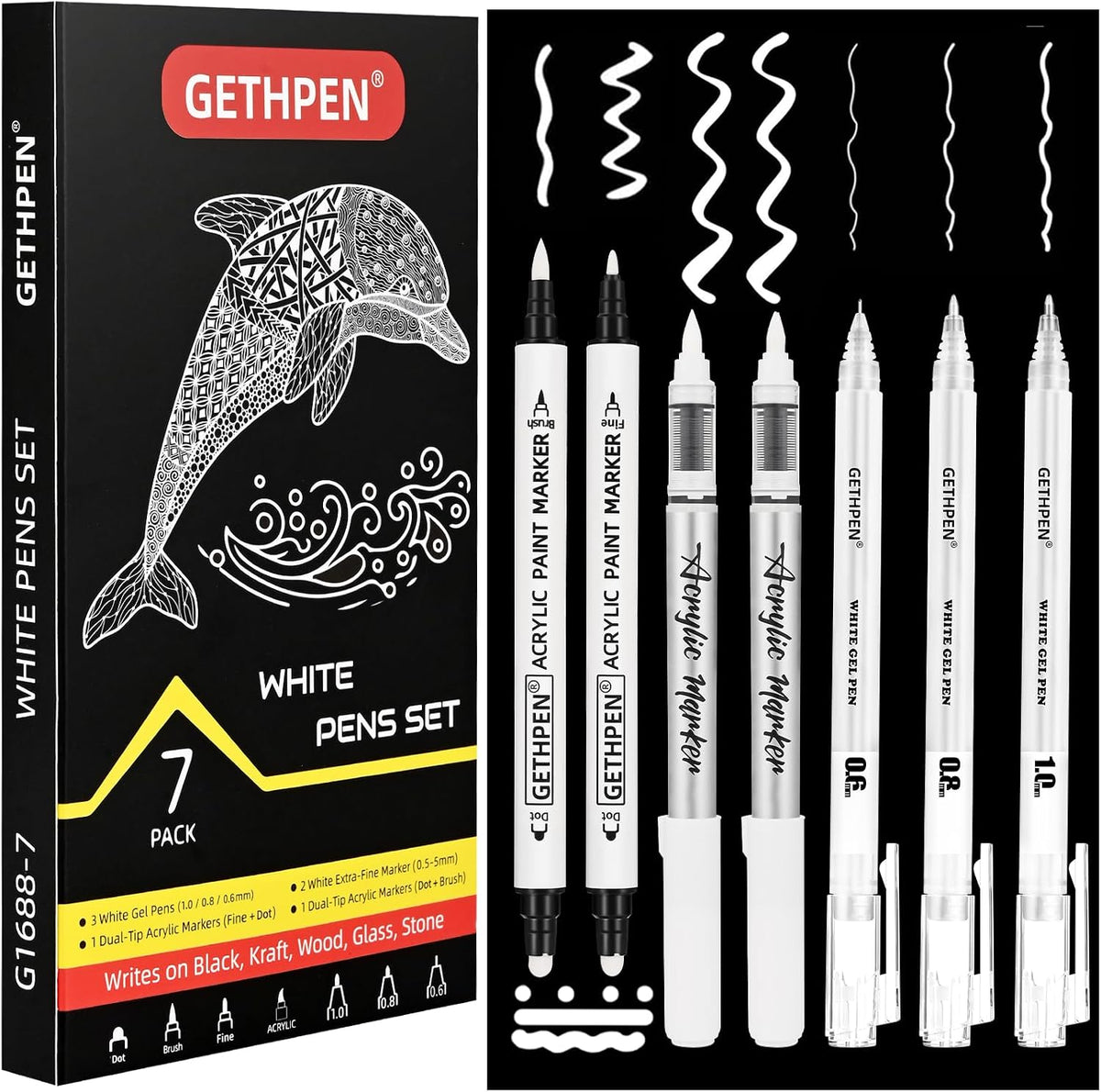 GETHPEN White Pens Set, White Gel Pens, Dual-Tip Acrylic Paint Pen, 7 Pack