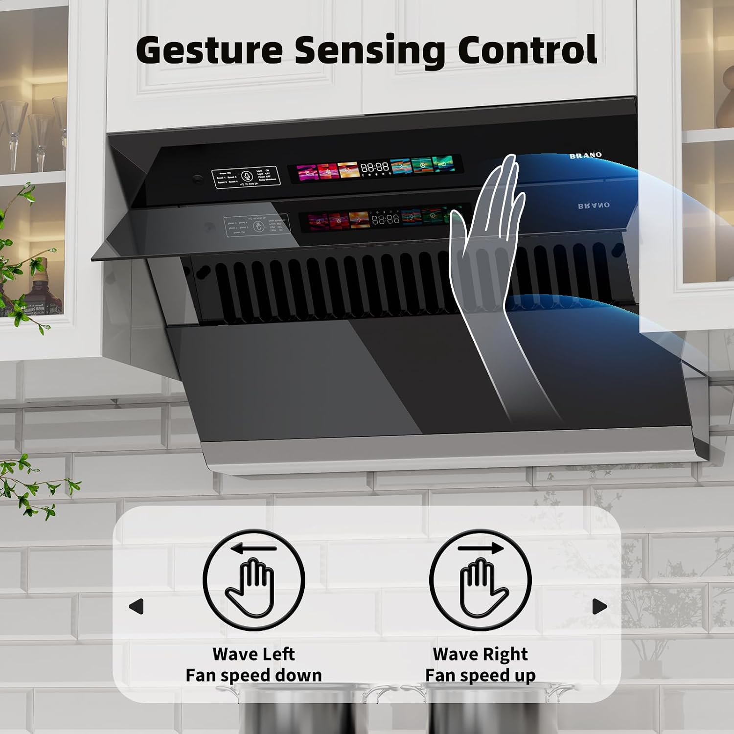 BRANO Under Cabinet Range Hood 30 Inch, 900CFM Vent Hood with Voice/Gesture/Touch Control, Unique Side-Draft Design for Modern Kitchen, Ducted/Ductless Convertible, Adjustable LED Lights & Memory Mode
