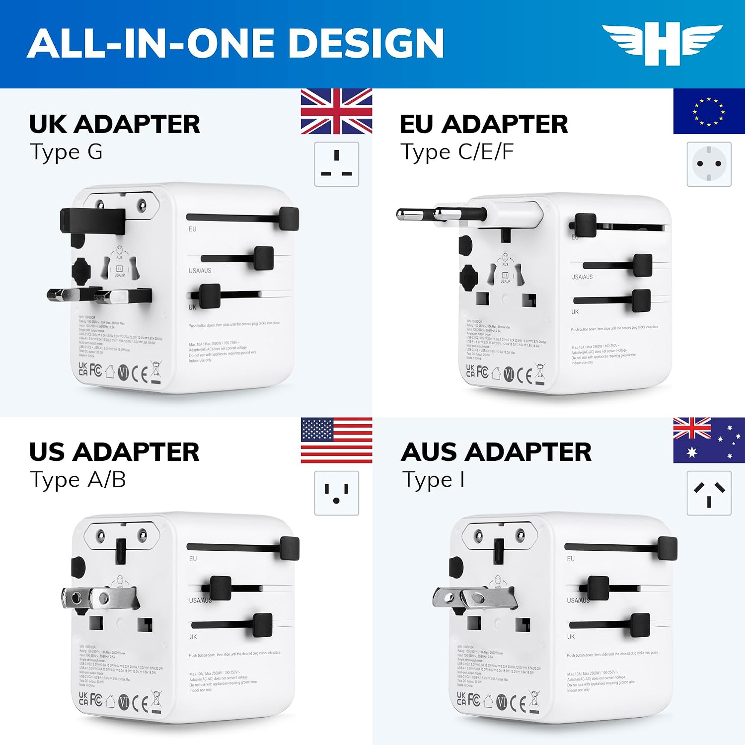 Hero International Travel Power Adapter – Universal Plug for Europe, UK, US, Asia, AUS, 100+ Countries | 2 USB-C & 1 USB-A