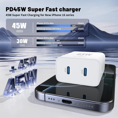 QZIIW iPhone 17 16 15 Pro Max Fast Charger,45W Dual Port USB C Fast Charger