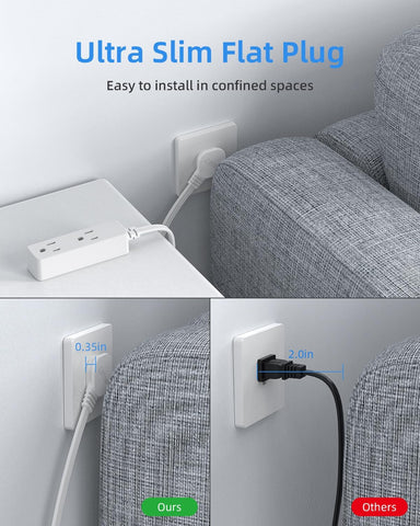 Flat Plug Extension Cord with 3 Outlets - 1 ft White Low Profile Indoor 3 Prong Grounded Power Strip for Home Office & Travel - 16/3 AWG, 13A/1625W