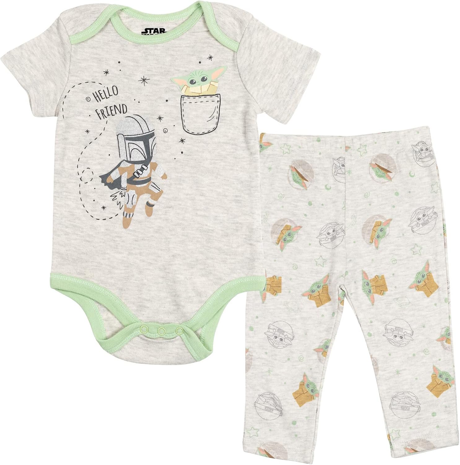STAR WARS The Child Baby Bodysuits Sleep N' Play Coverall Pants Hat and Bibs 8 Piece Outfit Set Newborn to Infant