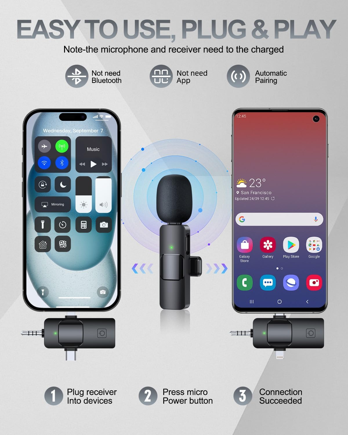 PQRQP 3 in 1 Professional Wireless Lavalier Microphone for iPhone/Android/Camera, Wireless Microphones, Mini Microphone, Crystal Clear Sound Quality for Recording, Live Streaming, Clips-Elegant Black