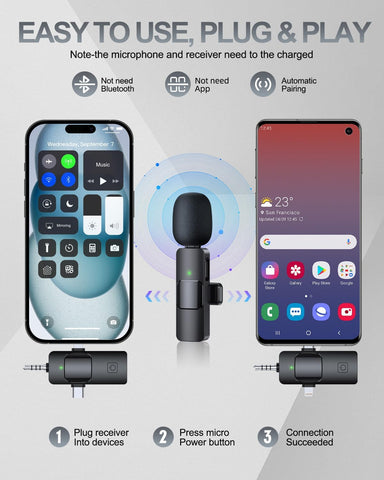 PQRQP 3 in 1 Professional Wireless Lavalier Microphone for iPhone/Android/Camera, Wireless Microphones, Mini Microphone, Crystal Clear Sound Quality for Recording, Live Streaming, Clips-Elegant Black