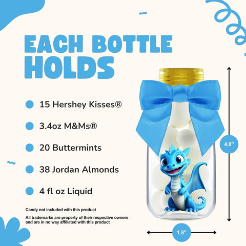 Ethisa Small 12 Pack Baby Dragon Party Favors - Candy Jars with Ribbons and Stickers - DIY Party Decoration Bottle for Birthday and Baby Shower - Egg Container