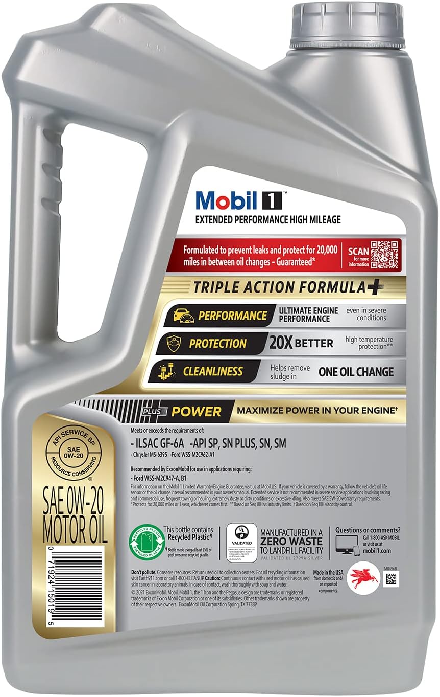 Mobil 1-123837 Extended Performance High Mileage 0W-20; 5QT, Gray (Pack of 2)
