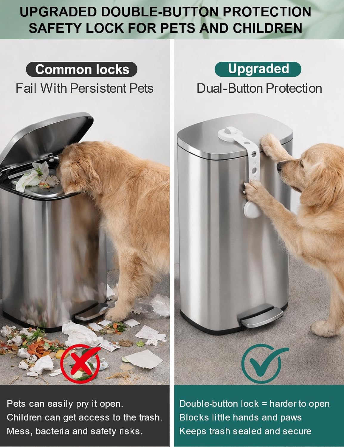 LynxLink White Trash Can Lock Strap 2 Pack - Dual Button Child Proof Garbage Can Lid Lock for Kitchen & Bathroom - Strong Adhesive Dog Proof Trash Can