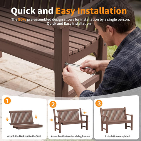 Psilvam 2-Person Outdoor Bench with 700 Lbs Weight Capacity, Brown