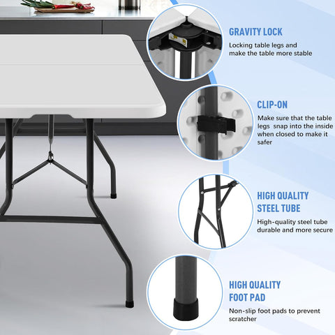 6FT Folding Table, Heavy Duty Plastic Table Portable Fold-in-Half Utility Table Indoor Outdoor Picnic Table w/Handle & Lock for Camping BBQ Party Wedding Market Events, 500LBS