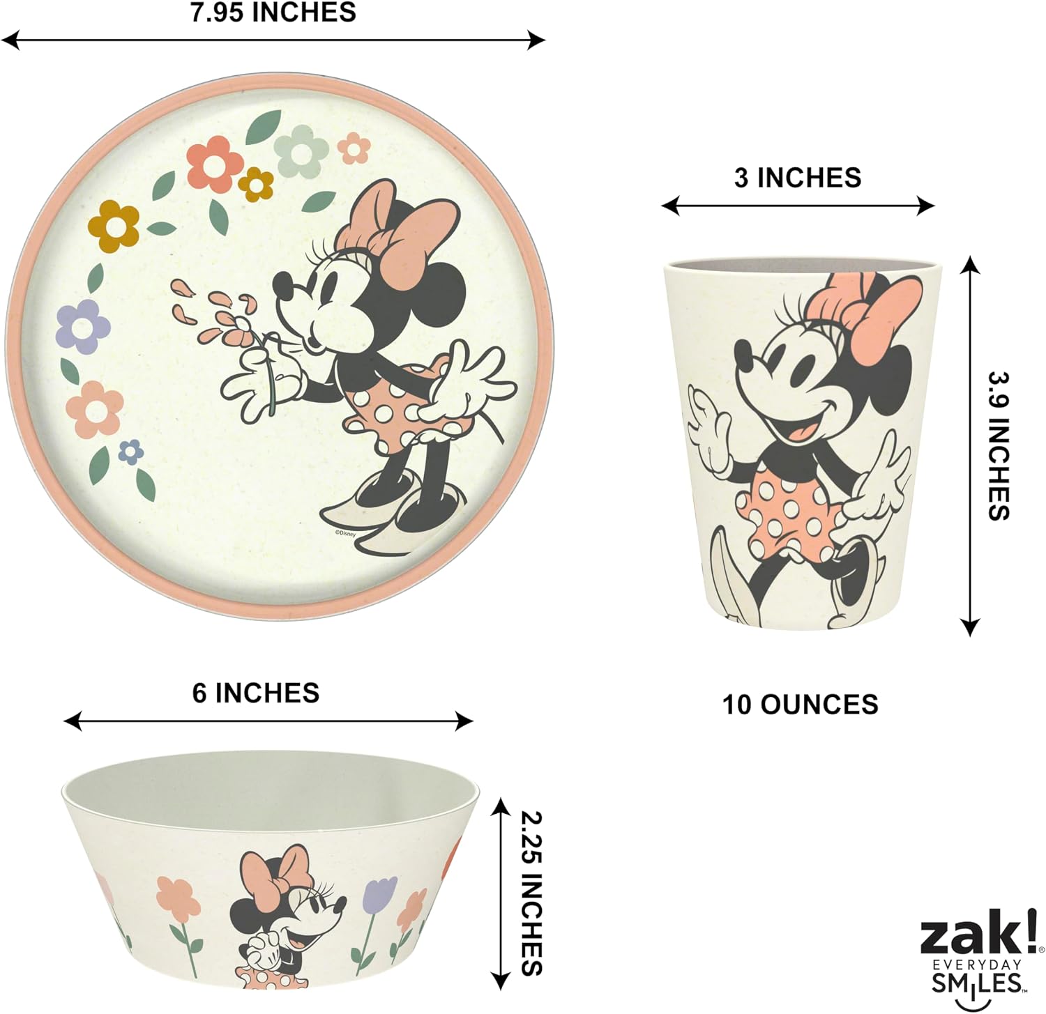 Zak Designs Minnie Mouse Kids Dinnerware Plate, Bowl & Tumbler, 3-Piece Set
