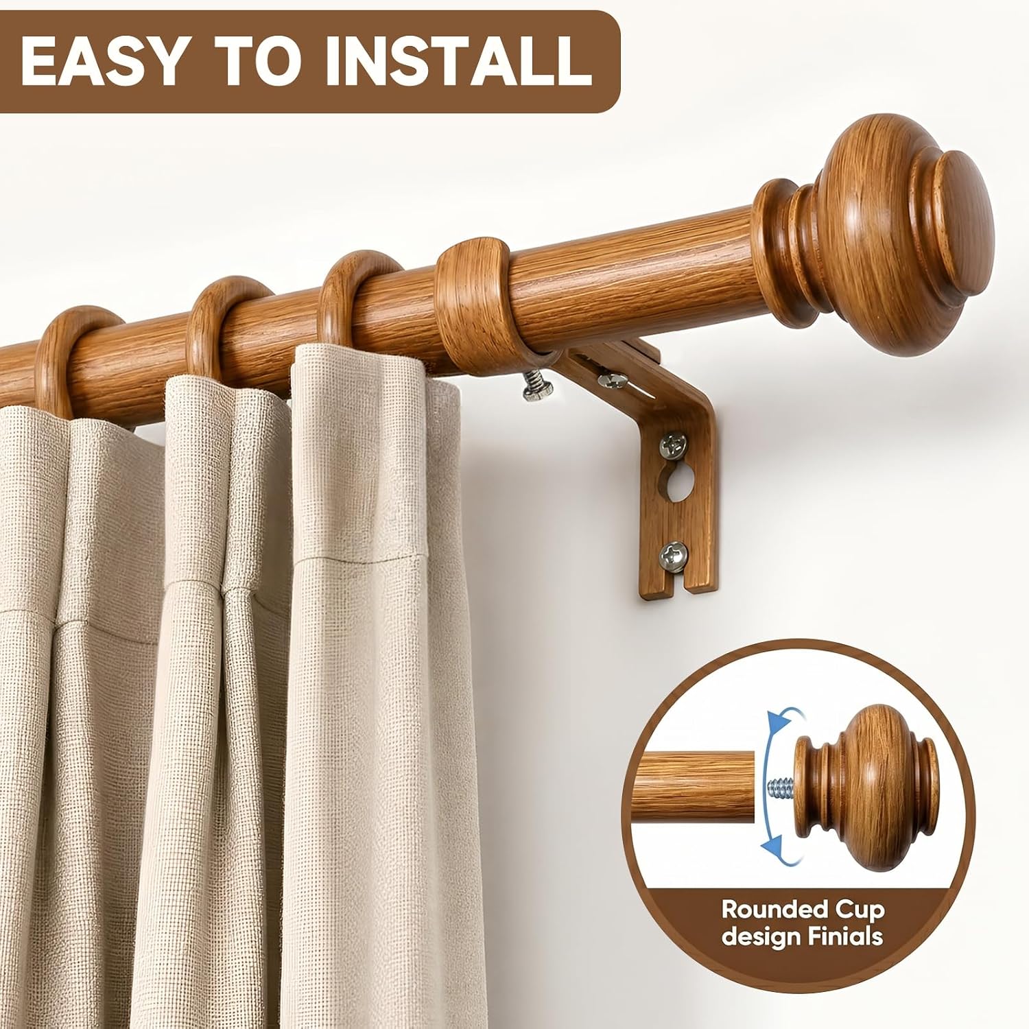 SIMEWIN Wood Curtain Rods for Windows 72 to 144 Inches Adjustable Decorative 1 Inch Diameter Wooden Window Curtain Rod Set with Classic Finials, Wood Finishing