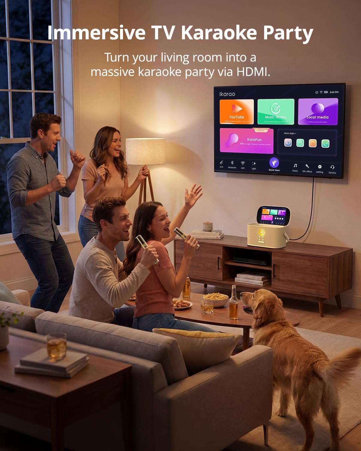 Ikarao Karaoke Machine for Adults, with Lyrics Display Screen, 2 Self-Charging Wireless Microphones, Autotune & EQ, 140W Speaker, Connect TV, Portable Karaoke System for Home, Family, Party, Travel