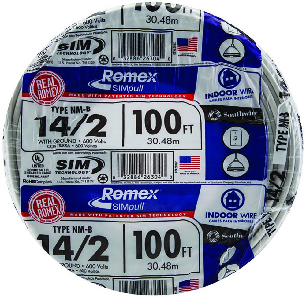 Southwire Romex Brand Simpull™ Solid Indoor 14/2 W/G NMB Cable 100ft Coil - SW# 28827423
