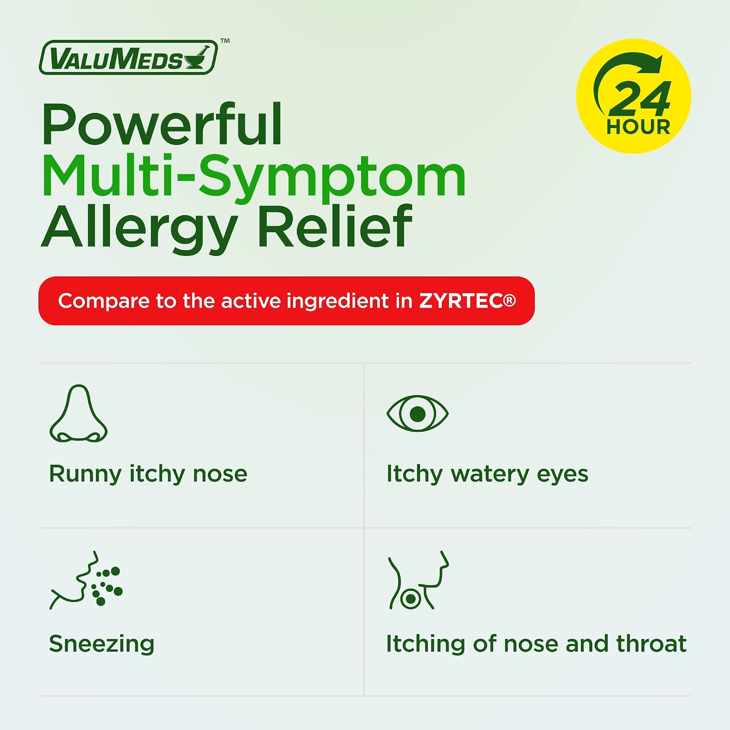 ValuMeds 24-Hour Allergy Medicine Antihistamine for Pollen, Hay Fever, Dry, Itchy Eyes, Allergies | Cetirizine HCl 10mg Caplets, Compare to Leading Brand (100 Count)