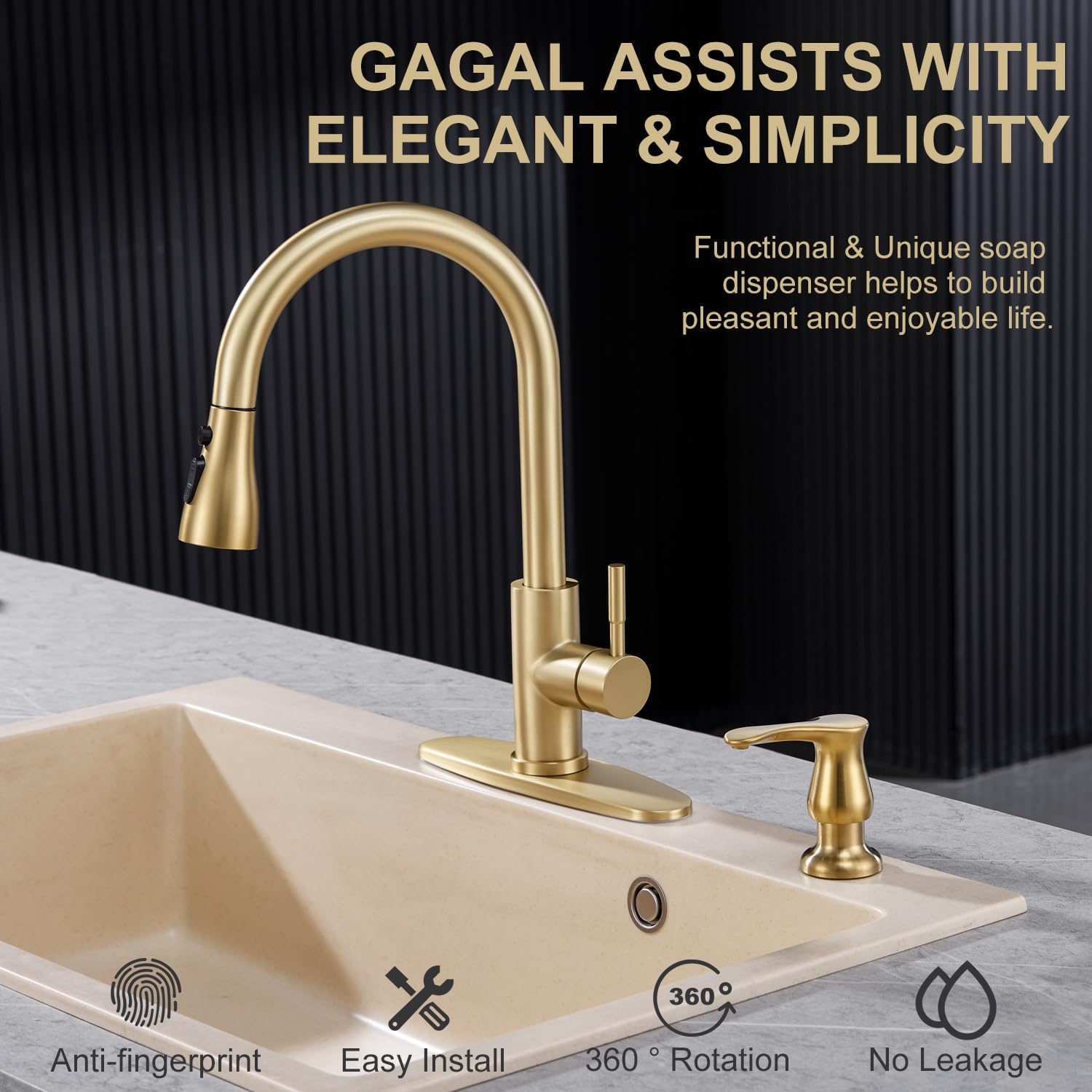 GAGALIFE Gold Kitchen Sink Soap Dispenser with 17 OZ Bottle