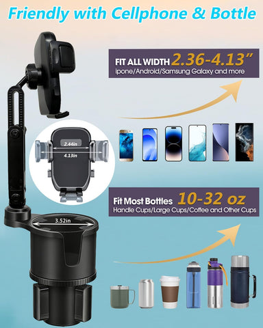 Cup Phone Holder for Car with Expandable Base, 2 in 1 Height-Adjustable Dual Cell Phone Holders Car Cupholder Mount, Friendly Fit Large Bottle & iPhone All Cellphone for Truck SUV | No Shake Design