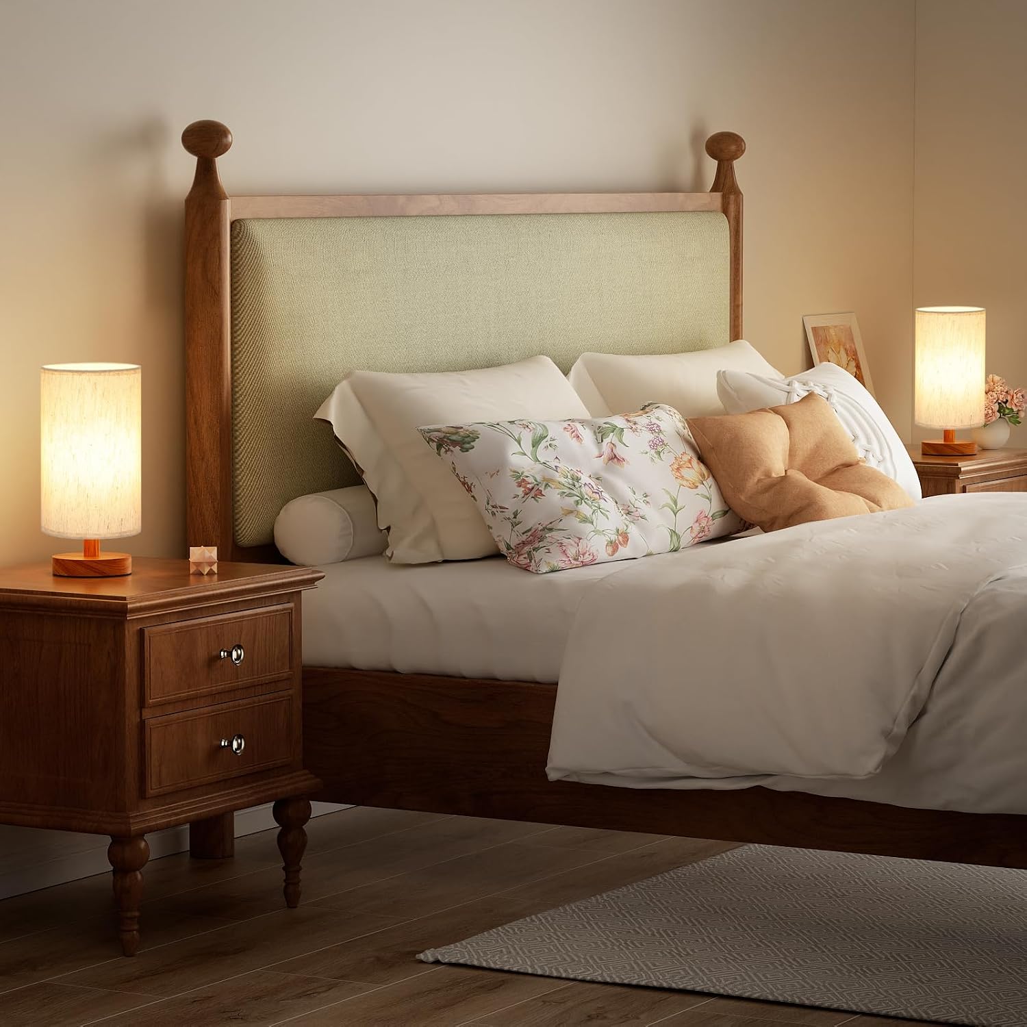 Desk Small Lamps Set of 2 (Cream Shade - Walnut Base, 9" Inline Control)