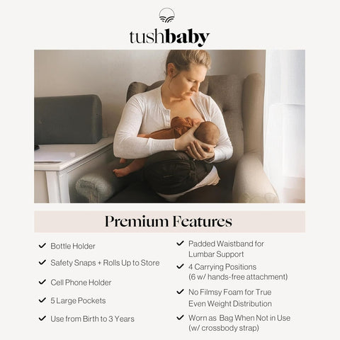 Tushbaby Original Hip Seat Baby Carrier for Babies & Toddlers up to 45 lbs, Safety Certified, Lightweight No-Foam Design with Storage, Black
