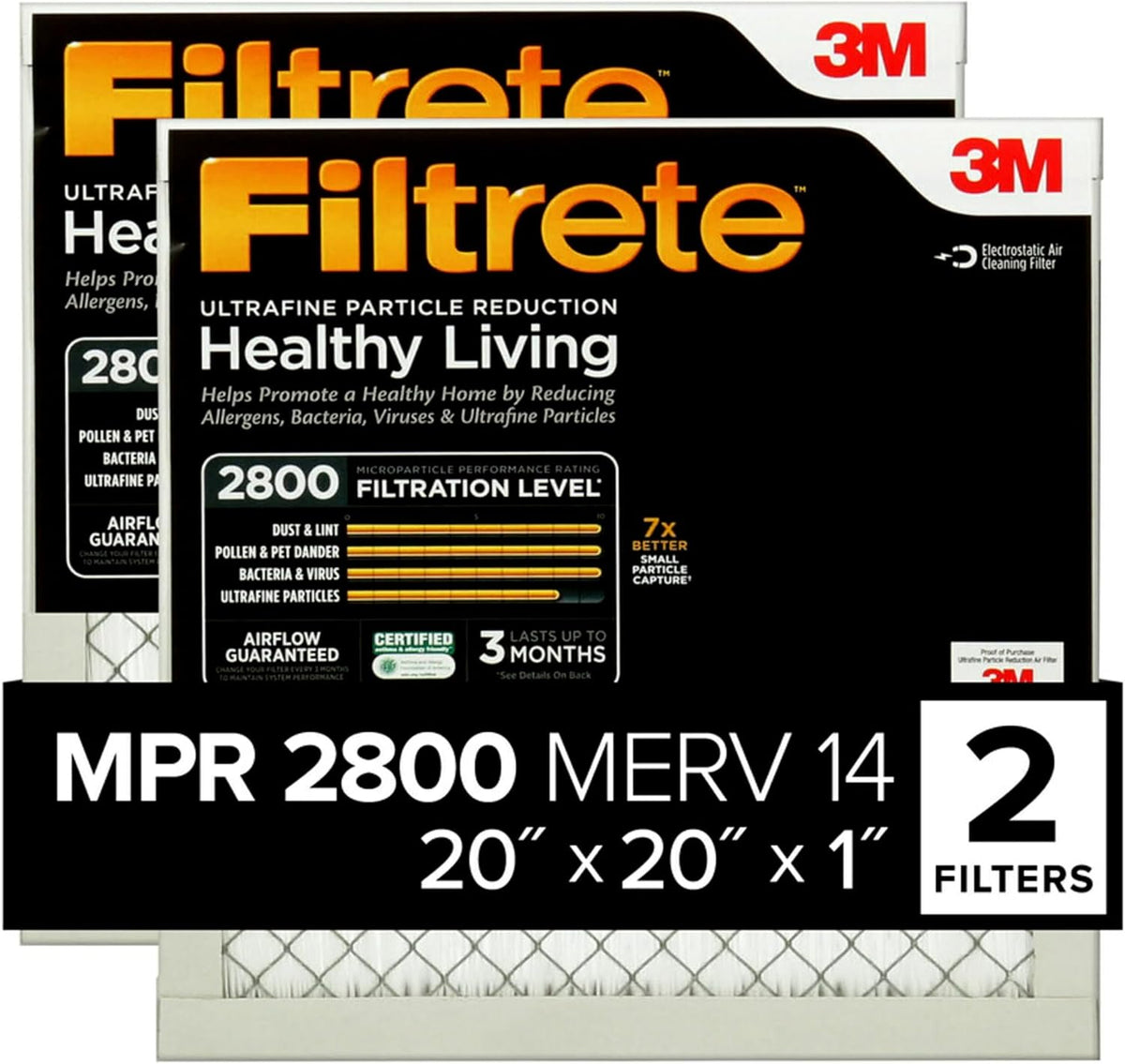 Filtrete 20x20x1 Air Filter, MERV 14, MPR 2800, 2 HVAC Filters