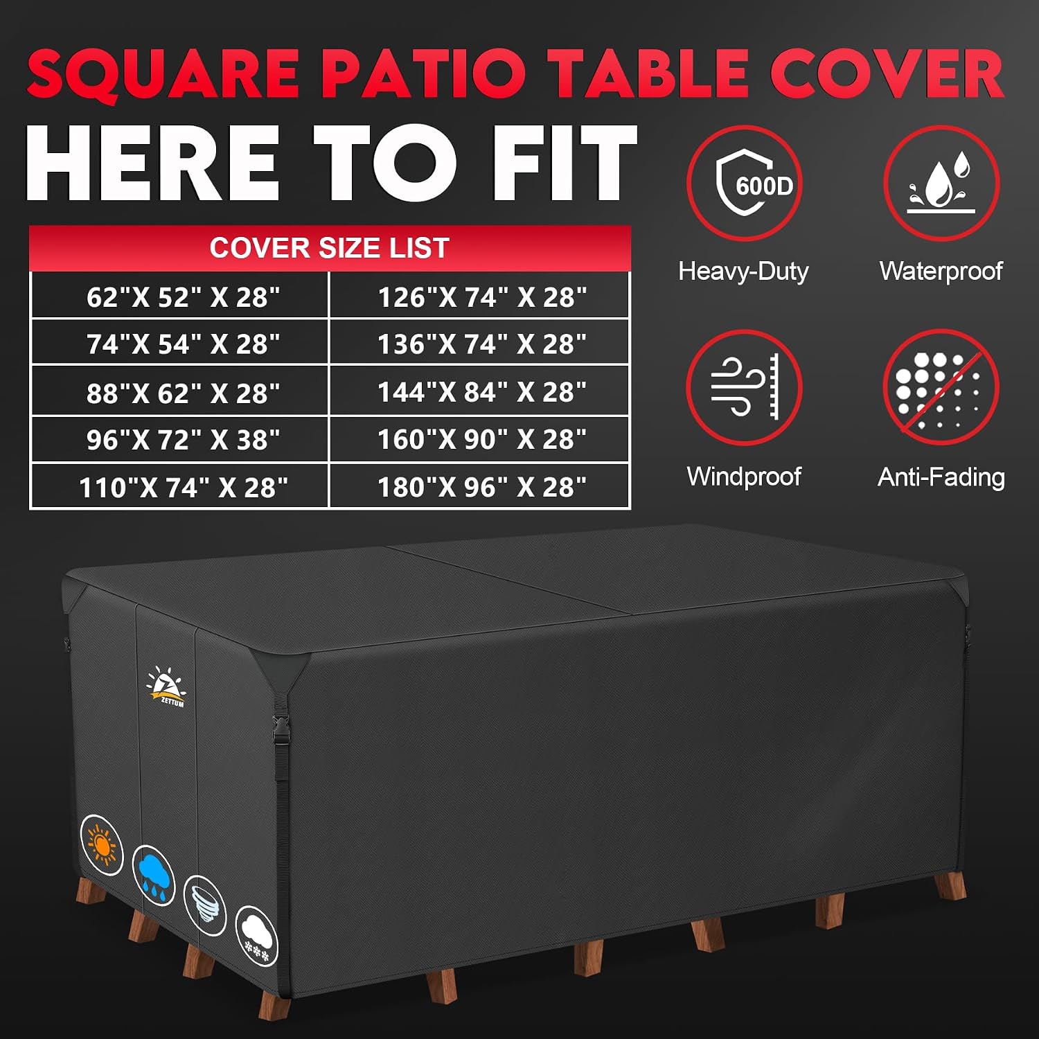 Zettum Patio Furniture Cover Rectangle - 144 x 84 x 28 Inch