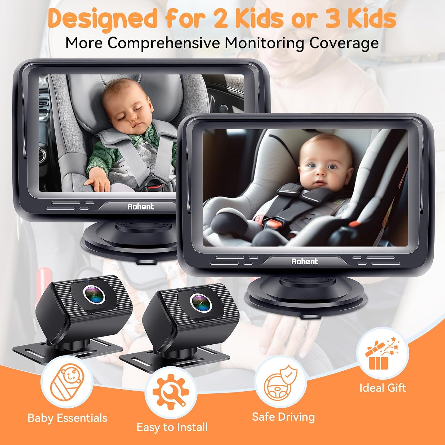 Rohent Baby Camera for Car 2 Pack: Dual HD 1080P Monitors with Night Vision