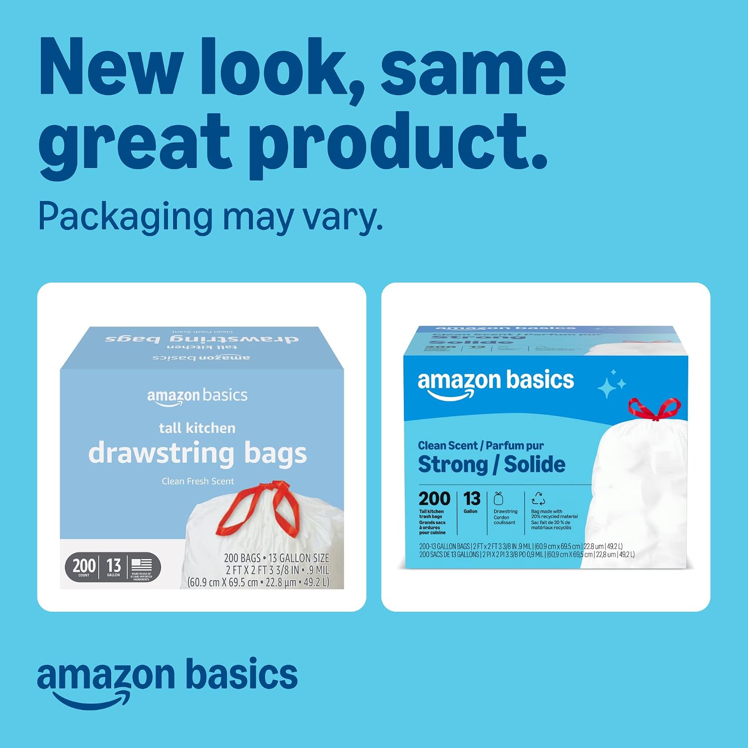 Amazon Basics Scented Trash Bags, Tall Kitchen Drawstring, Clean Fresh Scent, 13 Gallon, 200 Count, Pack of 2, Packaging May Vary