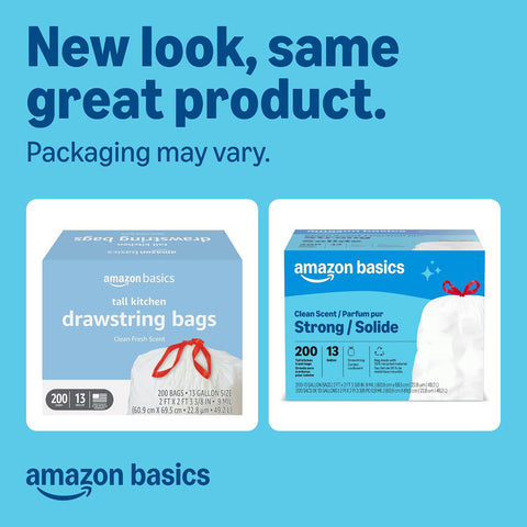 Amazon Basics Scented Trash Bags, Tall Kitchen Drawstring, Clean Fresh Scent, 13 Gallon, 200 Count, Pack of 2, Packaging May Vary