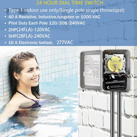 T101 Mechanical Timer Switch, T101 Pool Timer, 120V 2HP SPST 40A Time Switch, 24 Hour 12 ON/Off for Pool Pump, Heavy-Duty Mechanical Time Switches, for Lights Pumps HVAC Systems, 5 Years Warranty