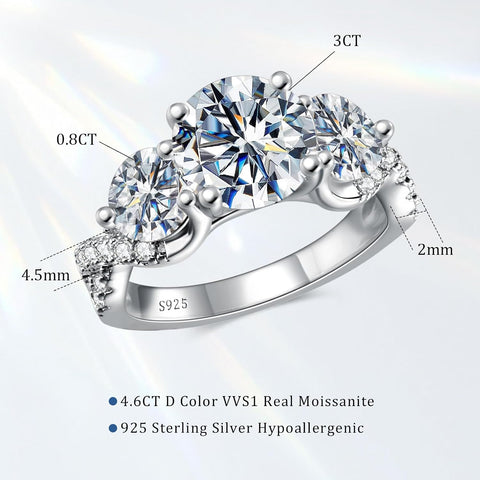 4.6CT 3 Stone Moissanite Engagement Rings for Women