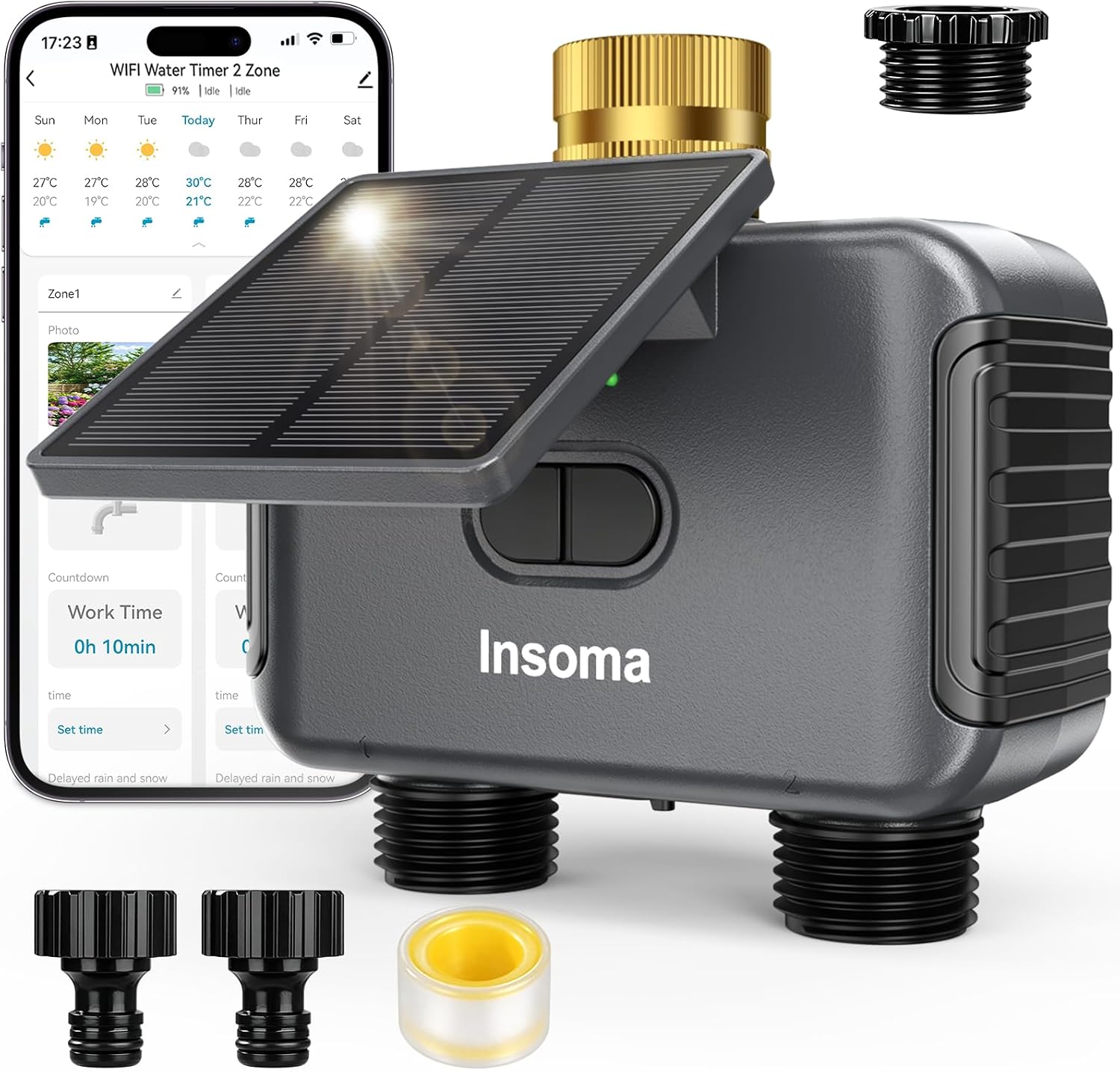 Insoma Solar WiFi Water Timer w/Adjustable 120° Solar Panel, 2-Zone Smart Sprinkler Timer Solar&Type-C Powered, APP&Voice Control Auto Irrigation for Lawn Garden, No Need Hub, Work with Alexa&Google