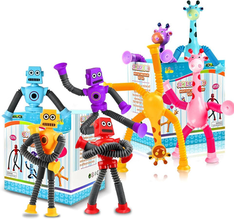 8pc Robot Giraffe Sensory Travel Toys for Toddlers Boy Ages 3 4 5 6 7 8, Airplane Activities Suction Autism Pop Tube Fidget Autistic Stocking Easter Basket Stuffer Valentine Gift for Kids