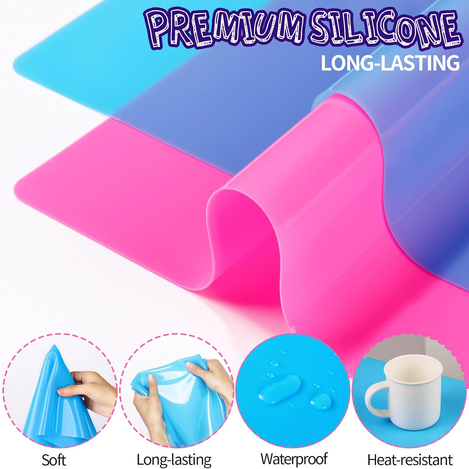 LEOBRO Silicone Mat for Resin Molds, 2 PCS 15.7" x 11.7" Playdough Mat, Silicone Mats for Crafts, Jewelry Resin Molds Mats, for Clay, Paint, Blue & Rose Red