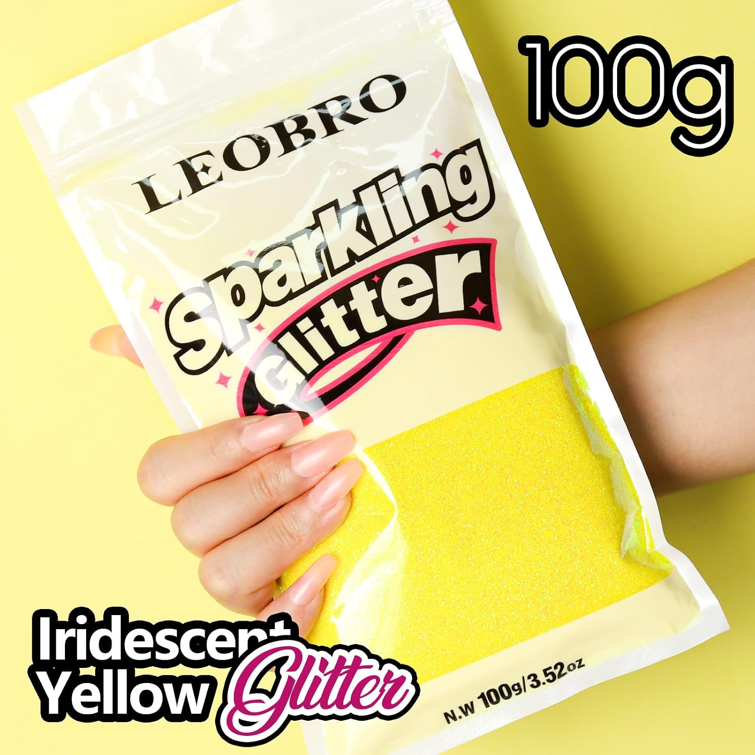 LEOBRO Yellow Glitter, 100g / 3.5 oz Iridescent Yellow Fine Glitter for Crafts, Resin, DIY Jewelry Keychains Flowers Party Decorations