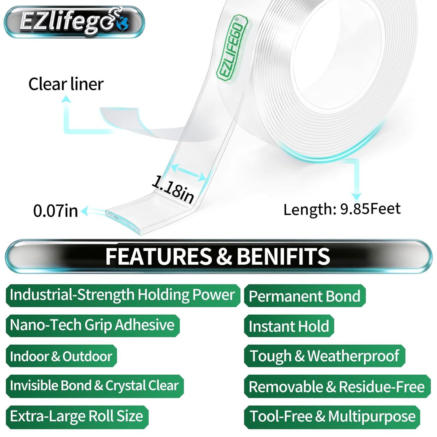 EZlifego Heavy Duty Invisible Bond Nano Double Sided Mounting Tape, 9.85FT