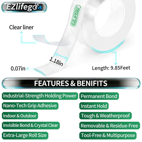 EZlifego Heavy Duty Invisible Bond Nano Double Sided Mounting Tape, 9.85FT